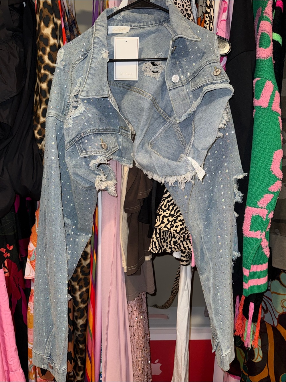 Rare Women’s Distressed Light Blue Denim Half Jacket with rhinestone Details